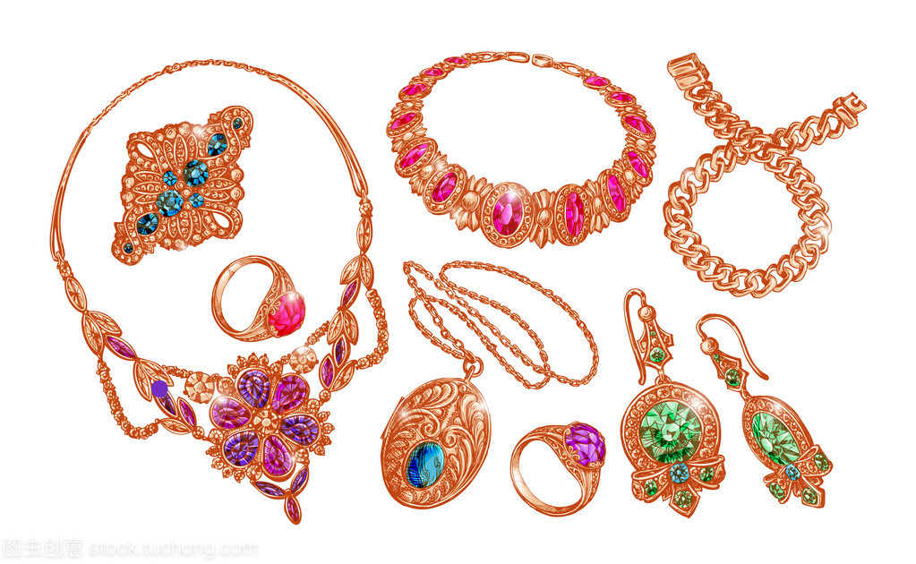 寶石和珠寶。黃金,結婚戒指,項鏈,項鏈,手鐲,耳環(huán),鏈。矢量圖